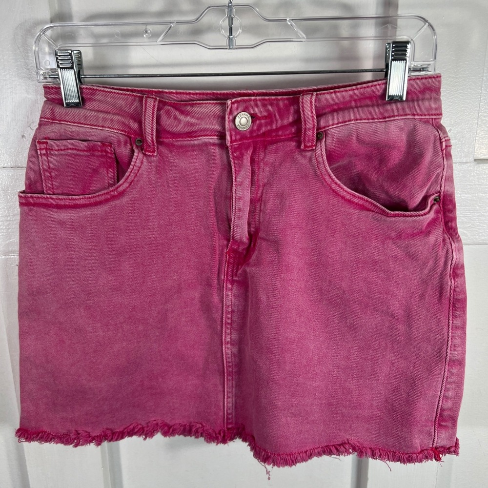 Zenana Hot Pink Acid Wash Denim Mini Skirt Raw Hem DMS-1853A5 Size M